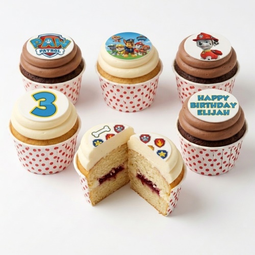 Paw Patrol themed birthday cupcakes with character toppers, a custom age topper, and a personalised message topper.