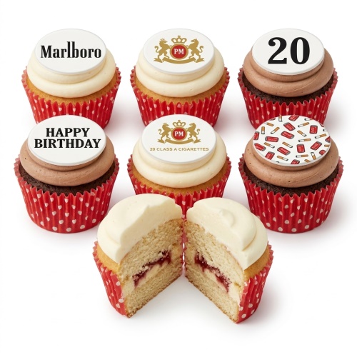 Marlboro themed birthday cupcakes with brand logos, cigarette pattern, 'Happy Birthday' message, and custom age '20' topper.