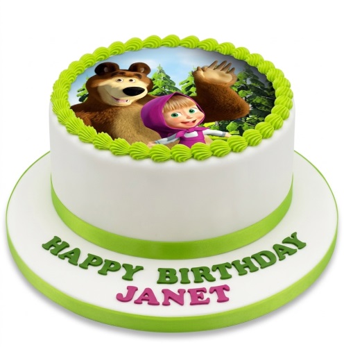 Round white Masha and the Bear birthday cake with green piping and ribbon.