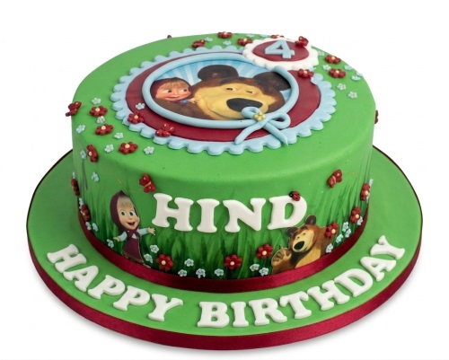 Round green Masha and the Bear birthday cake with custom age topper and personalised message.