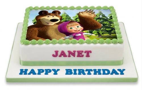 Two-tier white fondant cake with Masha and the Bear edible image and green piping.