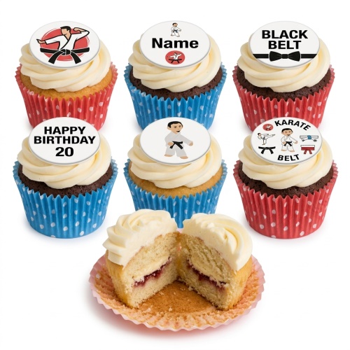 Karate themed cupcakes with white frosting, red and blue cases, and customisable martial arts toppers.