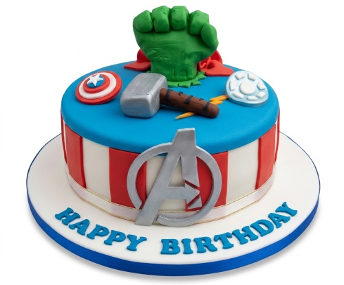 Round Avengers themed birthday cake with Hulk fist, Captain America shield, Thor hammer, Iron Man arc reactor, and Avengers logo.
