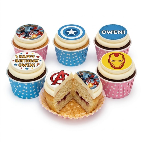 Set of Marvel Avengers themed birthday cupcakes with superhero toppers and personalised name example.