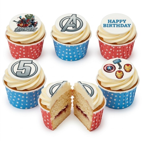 Vanilla cupcakes with white frosting, Avengers and superhero edible toppers, custom age topper.