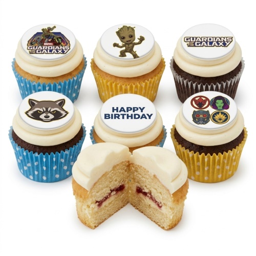 Cupcakes with Guardians of the Galaxy characters and logo toppers, including Groot and Rocket Raccoon, with a 'Happy Birthday' message.