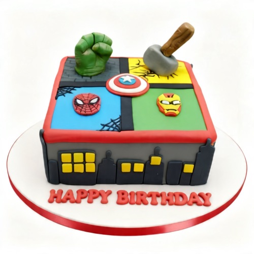 Square superhero cake with Hulk fist, Thor hammer, Captain America shield, Spiderman, Iron Man toppers and city skyline.
