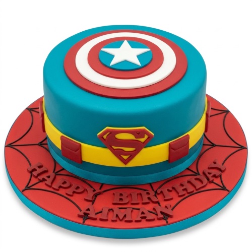 Round blue superhero cake with Captain America shield, Superman logo, and Spider-Man web board.