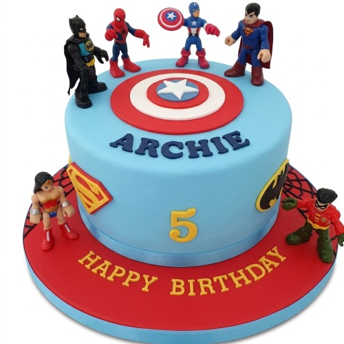 Blue superhero birthday cake with Batman, Spiderman, Captain America, Superman, Wonder Woman, Robin figures, custom age, and personalised name.