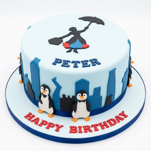 Mary Poppins themed birthday cake with London skyline, penguins, and custom name.