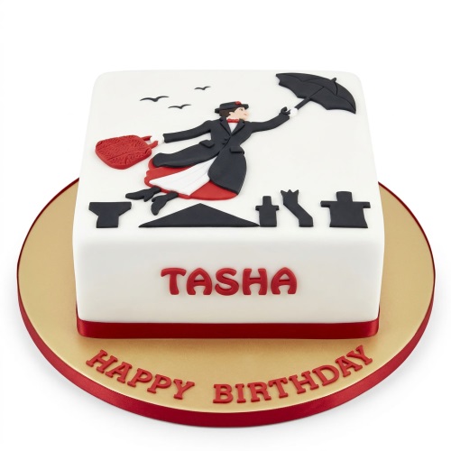 Square white birthday cake with edible Mary Poppins figure flying with umbrella and carpet bag over grey rooftops. Custom name and 'Happy Birthday' message.
