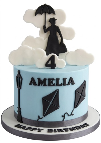 Light blue Mary Poppins themed birthday cake with black silhouette, white clouds, kites, lamppost, and custom age topper.