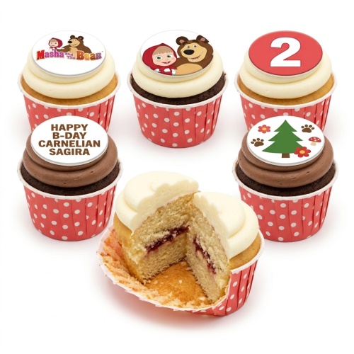 Masha and the Bear themed cupcakes with character toppers, forest elements, and custom age topper.