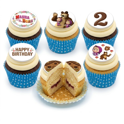 Masha and the Bear themed cupcakes with character toppers, a log cabin, and a 'Happy Birthday' message.