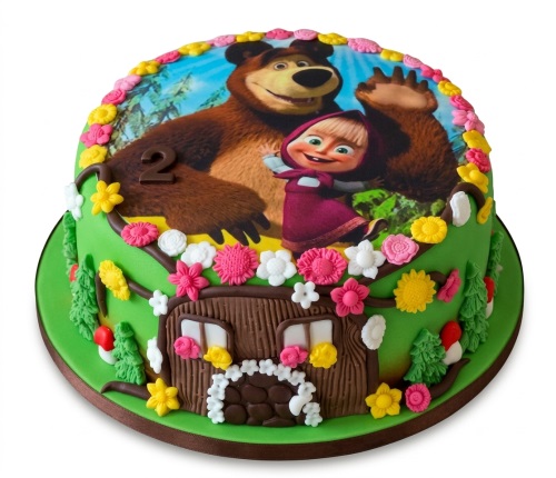 Round green Masha and the Bear birthday cake with edible image, custom age topper, sugarpaste flowers, and forest details.