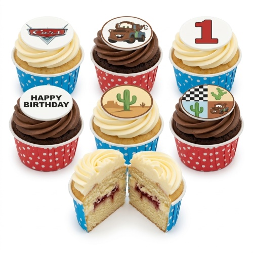 Disney Cars themed cupcakes with Mater, Cars logo, desert cactus, and number 1 toppers.