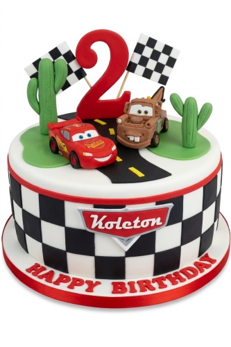 Round white birthday cake with Disney Cars characters Lightning McQueen and Mater, cacti, racing flags, and a custom age topper.