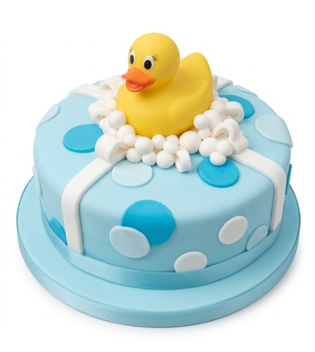 Light blue round cake with yellow rubber duck, white bubbles, and blue and white polka dots.