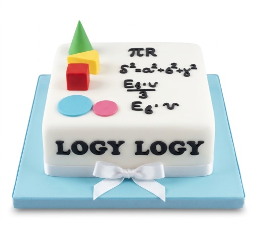 White square cake with mathematical formulas, geometric shapes, and 'LOGY LOGY' text on a blue board with a white ribbon.