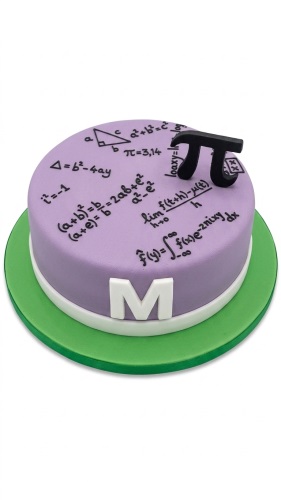 Round purple maths theme birthday cake with black mathematical formulas, a Pi symbol topper, and a white custom initial.