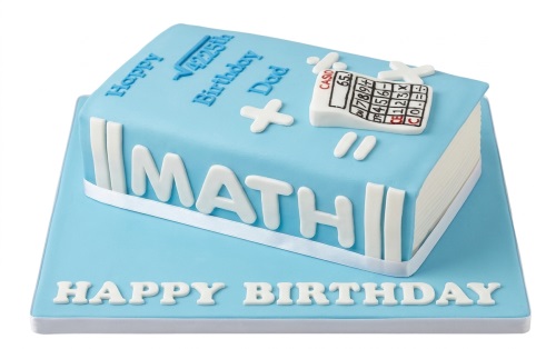 Light blue book-shaped birthday cake with 'MATH' on the side, mathematical symbols, and a white calculator on top, with 'Happy Birthday' on the base.