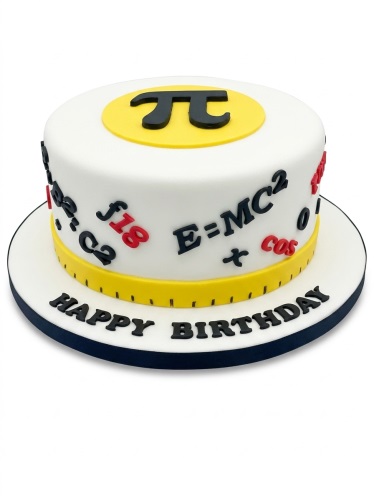 Round white fondant cake decorated with black and red mathematical and scientific equations and symbols, with a black Pi symbol on a yellow circle on top, and 'Happy Birthday' written on the board.
