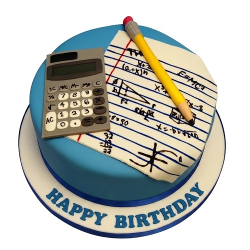Round blue birthday cake decorated with an edible grey calculator, white lined paper with maths equations, and a yellow pencil.