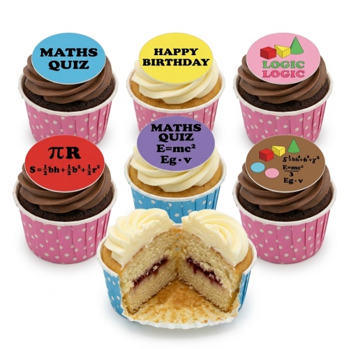 Six cupcakes with maths, logic, and 'Happy Birthday' edible toppers.