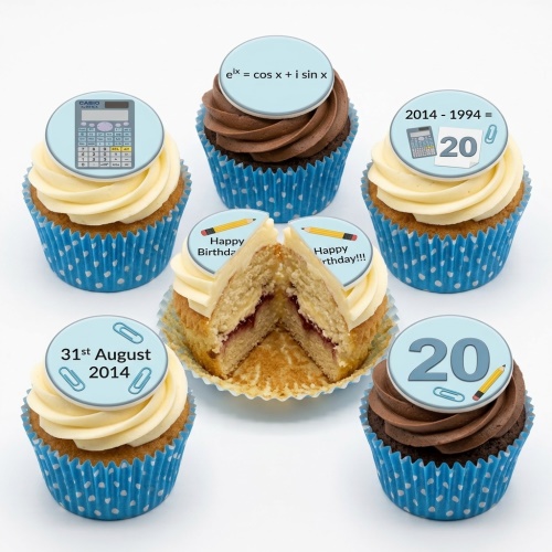 Birthday cupcakes with maths and science themed toppers, calculators, formulas, and custom age.