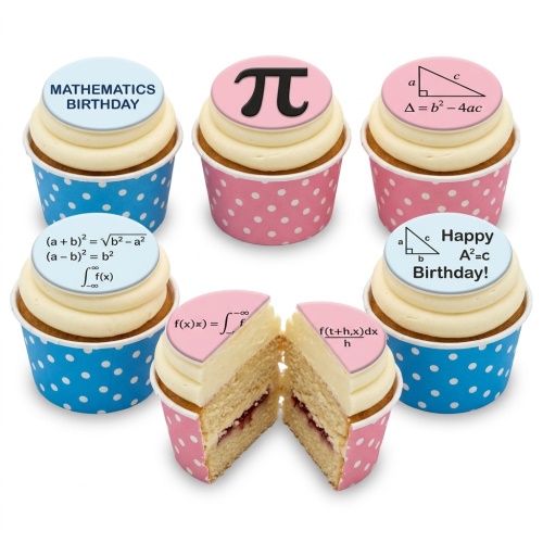Cupcakes with mathematics formulas, Pi symbol, and birthday messages in blue and pink wrappers.
