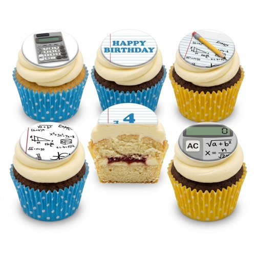 Cupcakes with white frosting and edible toppers featuring calculators, maths formulas, a pencil, and a custom age on lined paper.