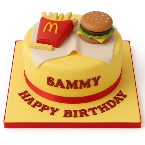 Yellow round birthday cake with 3D fondant burger and McDonald's style fries, red ribbon.