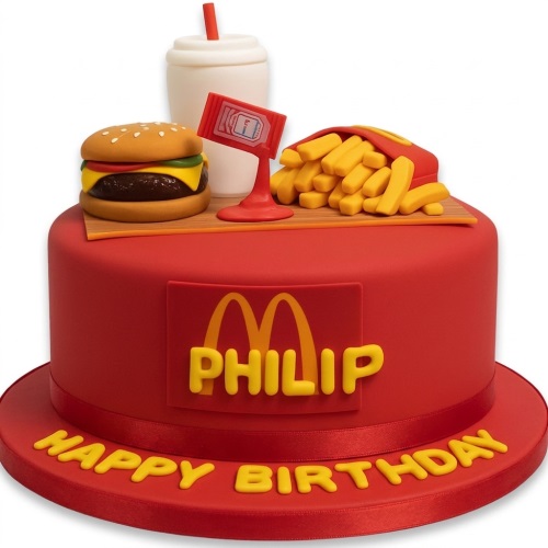 Red McDonald's theme birthday cake with edible burger, fries, drink, and personalised name.