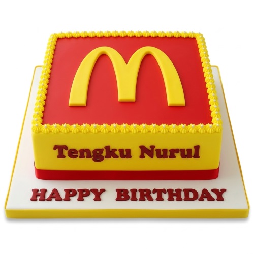 Square red and yellow cake with a large yellow McDonald's 'M' logo on top, with custom name and 'Happy Birthday' message.