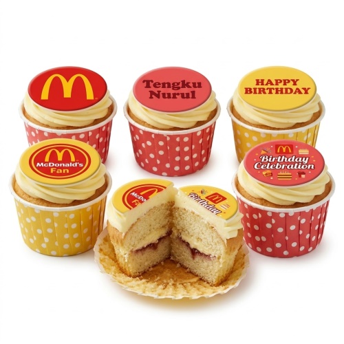 Vanilla cupcakes with McDonald's logo, 'Happy Birthday', 'McDonald's Fan' and 'Birthday Celebration' toppers.