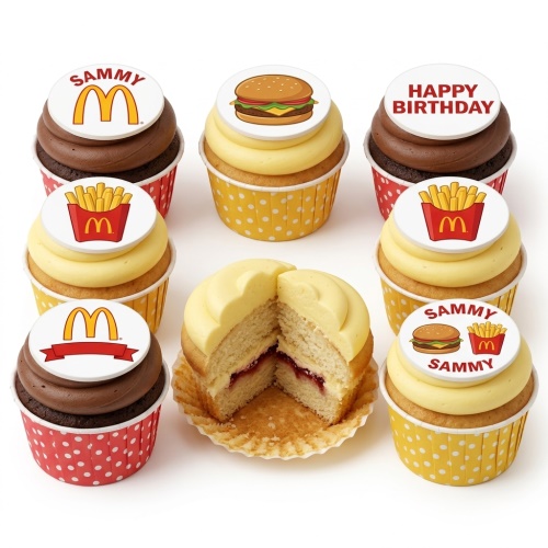A selection of McDonald's themed birthday cupcakes with burger, fries, and logo toppers, some with chocolate and some with vanilla icing. One cupcake is cut open revealing a jam filling.