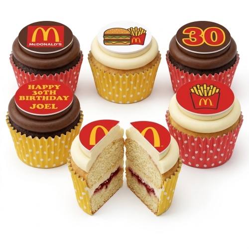 McDonald's themed cupcakes with logo, burger, fries, and custom age topper.