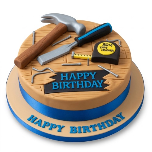 Round single-tier birthday cake with wood-effect icing and edible construction tools like hammer, chisel, and tape measure.