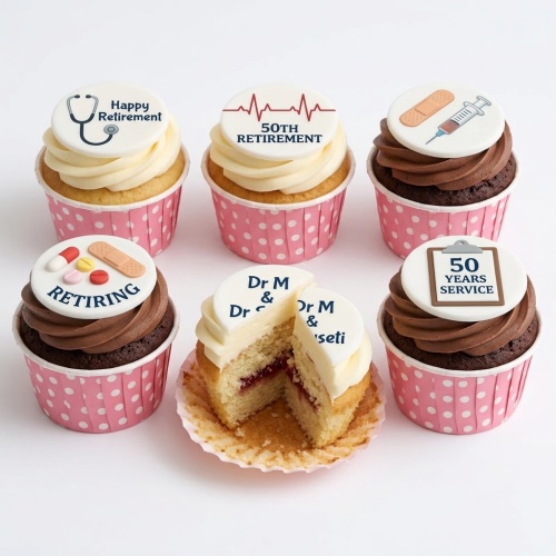 Retirement cupcakes with medical theme toppers, including stethoscope, syringe, pills, and custom age/message.