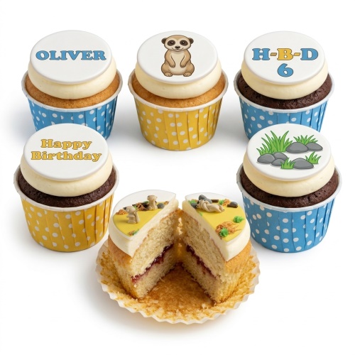 Adorable meerkat and safari-themed birthday cupcakes with custom name and age toppers.