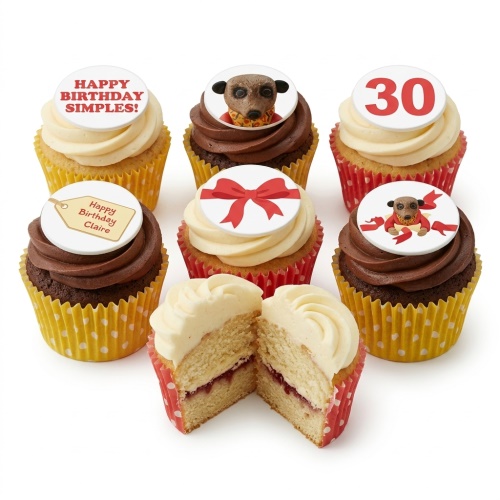 Assortment of meerkat themed birthday cupcakes with custom age and personalised message toppers.