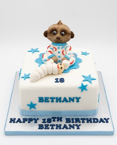 White square birthday cake with 3D meerkat topper in baby grow, caterpillar, and blue stars.