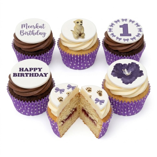 Meerkat themed birthday cupcakes with "Happy Birthday" and custom age toppers.