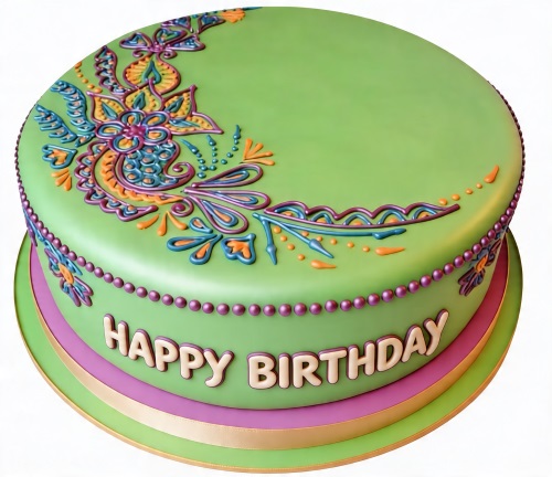 Round lime green birthday cake with colourful hand-piped floral patterns and "Happy Birthday" message.