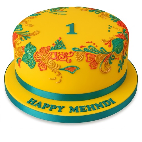 Yellow round cake with intricate Indian floral mehndi design in red, orange, and green, with a custom age '1' topper and a teal ribbon.