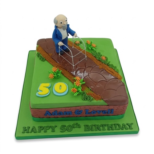 Two-tier green and brown cake with a fondant elderly man and walker, custom age topper.
