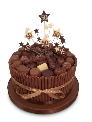 Round chocolate overload cake with assorted chocolates, chocolate fingers, and star decorations with custom age.