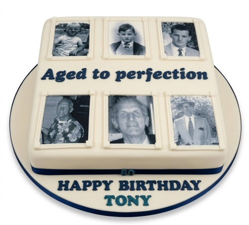 White personalised photo birthday cake for men with six framed black and white pictures and custom message.