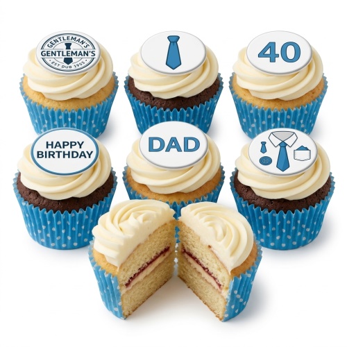 Gentleman's themed birthday cupcakes with tie and shirt toppers, custom age and message examples.