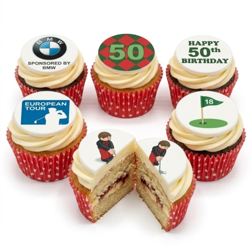 Cupcakes with white frosting and edible toppers featuring golf players, a golf flag, and golf-related logos.